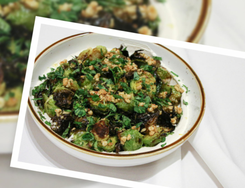 Roasted Brussel Sprouts with Tahini and Pine Nut Gremolata